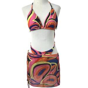 Women Striped Colorful Bikini Swim Suit Set Skirt Cover Up Beach Pool Pink Large